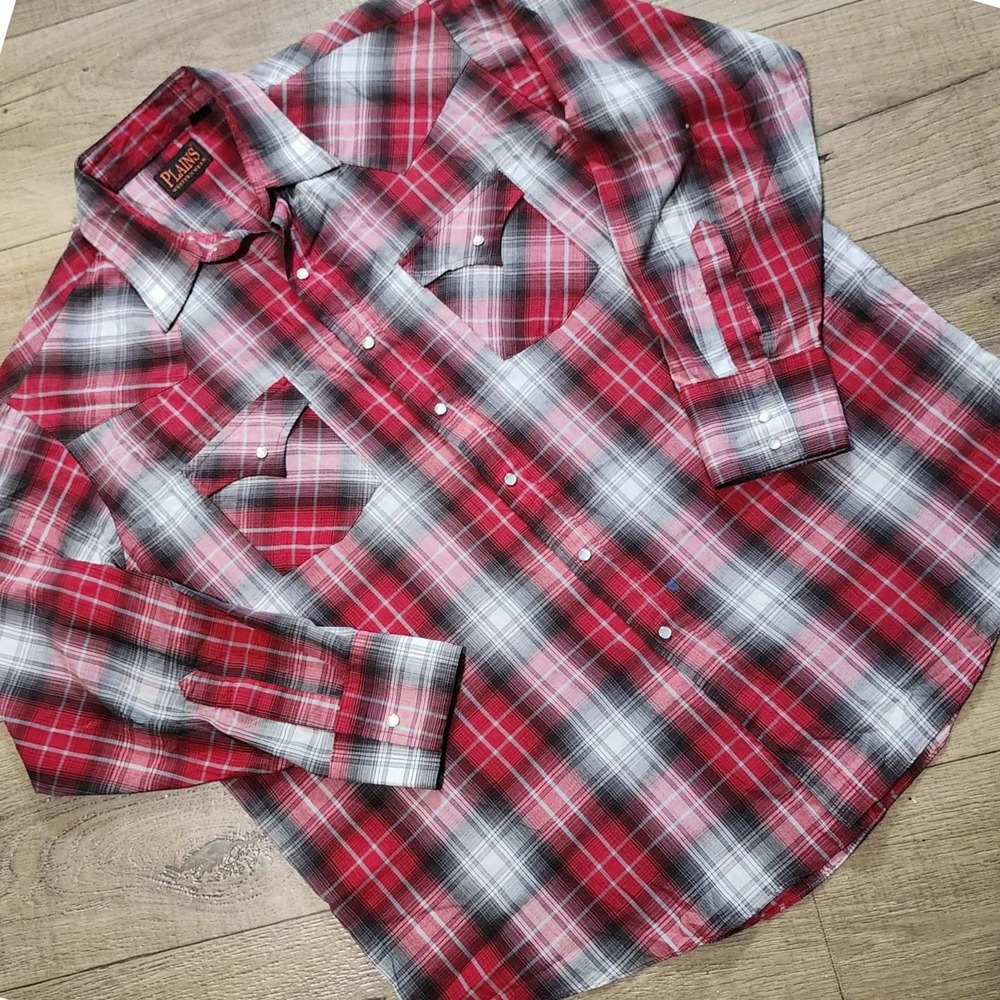 VTG Plains Western Wear Mens XL Red Plaid Pearl Snap Long Sleeve Western Shirt